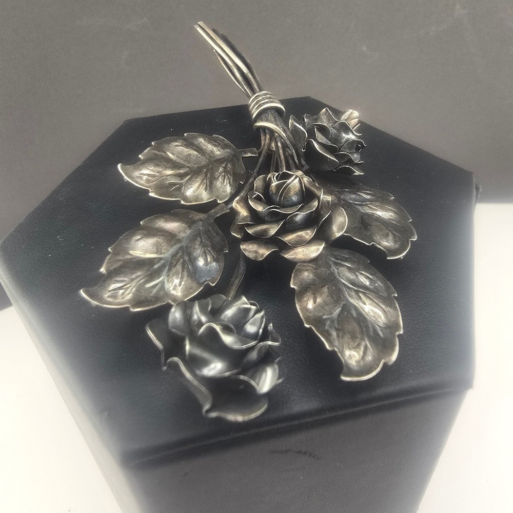 Vintage Coro Craft Brooch Sterling Silver Sterling Rose Bouquet Floral Large